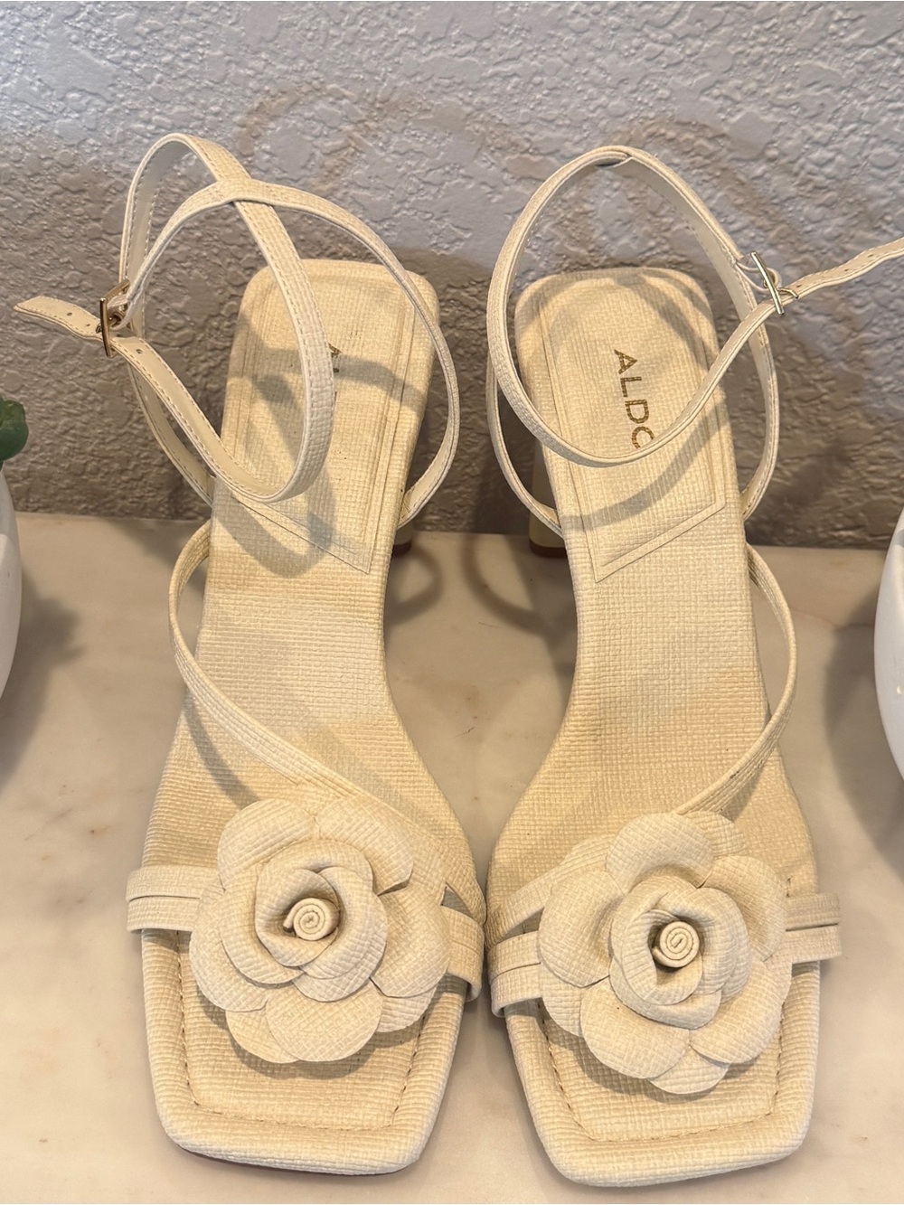 ALDO Cream Floral Ankle-Strap Heels